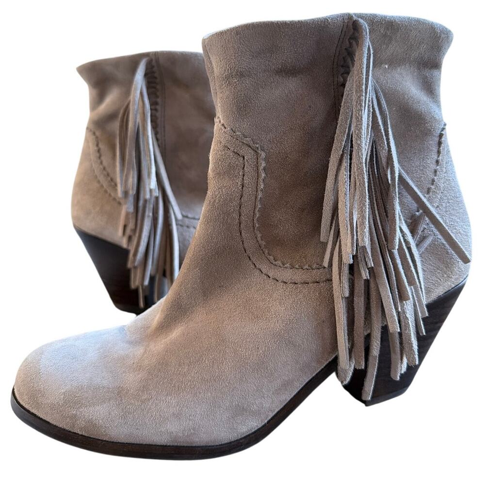 Sam Edelman Tan Leather Fringe Boots Women's Size 7 Suede Chunky Heel Festival